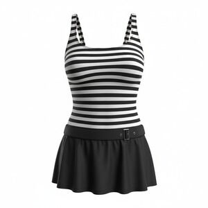 Beach House Black White Striped Swim One Piece Belted Skirted Swimsuit Womens